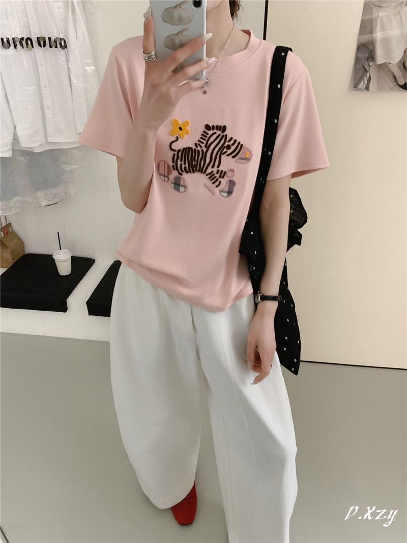 Korean Style Cartoon Zebra Embroidery Women s Loose Cotton Short Sleeve T-shirt One Size розовый