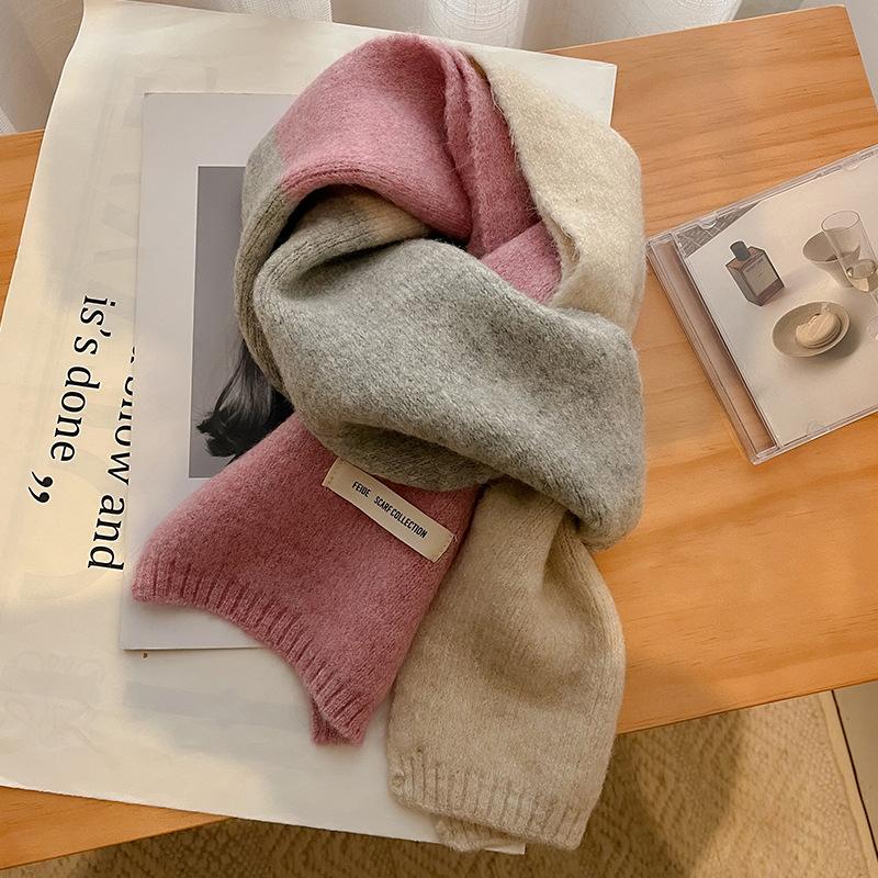Color Matching Knitted Wool Scarf Women's Dual-Purpose Thick Warm Scarf