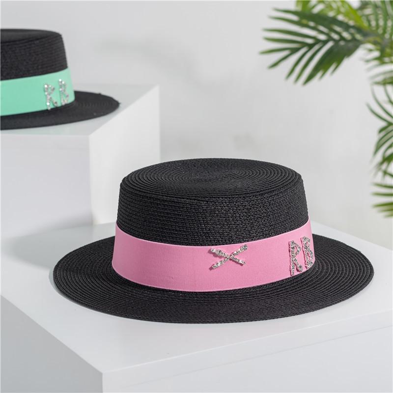 2022 new rhinestone RB letter flat top hat sunscreen black and white straw hat top hat holiday straw hat