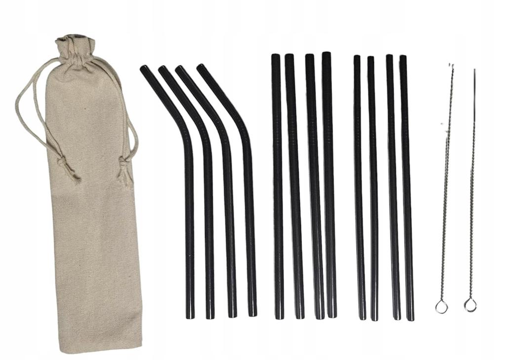 Set of 12 reusable black metal straws