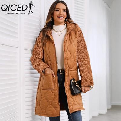 Autumn and Winter Women's Loose Hooded Zipper Long Patchwork Plush Jackets & Coats