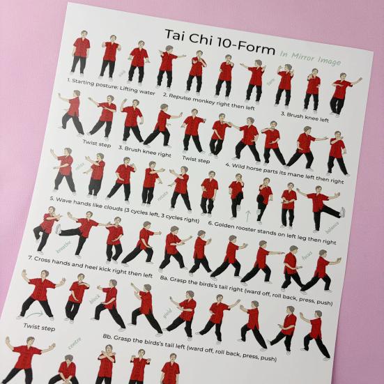 2Pcs Tai Chi Exercise Chart, 10 Form Mirror Image Poster, Move Guide for Beginners Seniors, Tai Chi Training Reference Wall Art