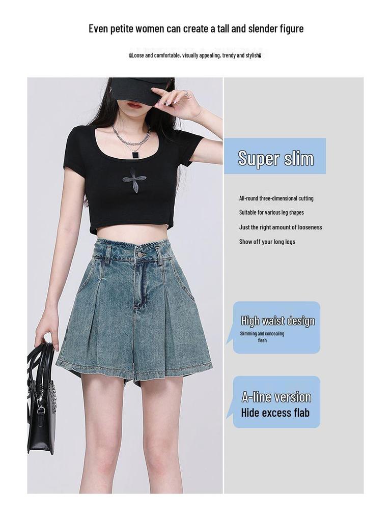 Trendy High-Waisted Pleated Denim Shorts for Women - Casual, Versatile A-Line Jeans for Spring/Summer