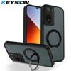 KEYSION 360° Rotating Ring Stand Magnetic Phone Case for Redmi A7 Pro Matte Translucent Shockproof Cover for Xiaomi POCO C81 Pro