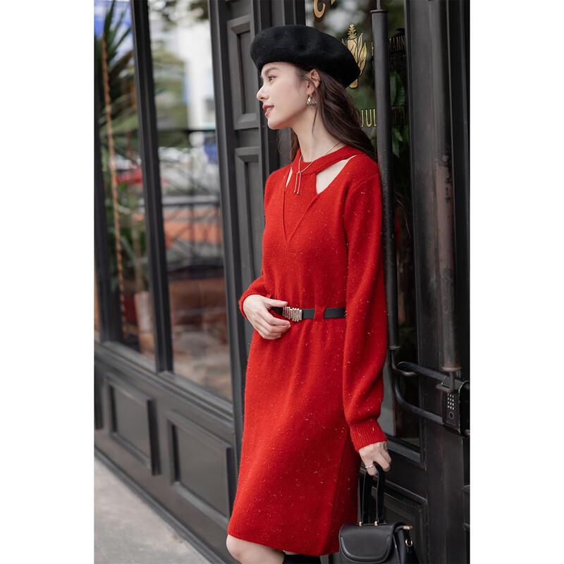 Women's Winter Waist-Cinching Knitted Sweater Dress with Belt