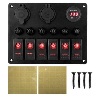 Aluminium Panel Wasserdicht Auto Marine Boot Schaltung LED Breaker 6 Gang Wippschalter Panel DC 12 V/24 V Dual USB Ports Digital Voltmeter