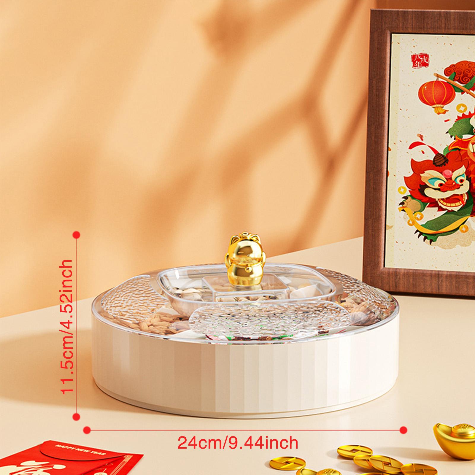 

9,45-дюймовая двухслойная коробка для закусок, новогодний лоток для хранения фруктов, конфет, орехов, креативная крышка с рисунком счастливого кота, украшение для стола, фруктовая тарелка 2025 9.45inches