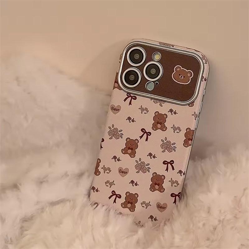 Sött tecknad rosettbjörn lädertextur mobilskal för iPhone17 16 15 14 13 12 11 Pro Max Plus kameralins skyddande stötsäkert fodral