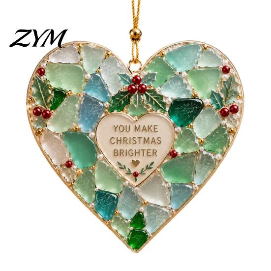 Coastal Style Holiday Decor 2Pcs Sea Glass Christmas Ornament, Seaglass Heart Bird Angel Tree Star Party Decoration Snowman Pendant, Handmade
