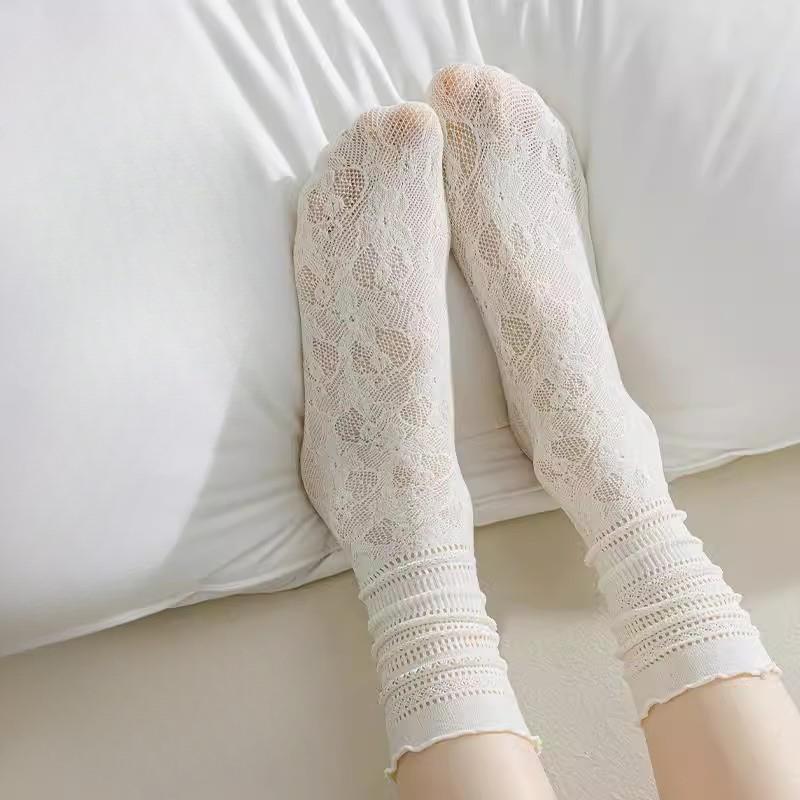 White Pile Hollow Mid-calf Socks, Thin Socks, Ice Socks, Thin Socks, Lace Socks, Mesh Lace, Summer