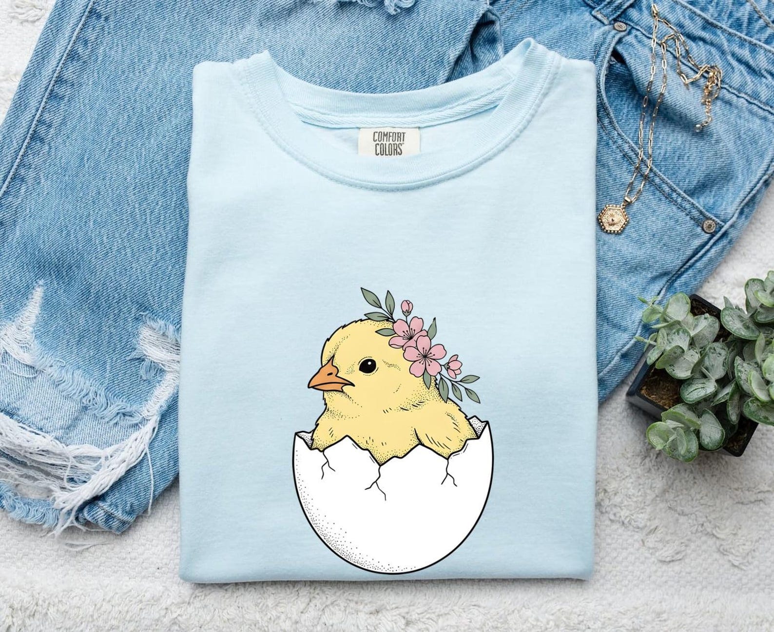 Baby Chick Shirt Easter Season Gift Women Sketch Tee Chick T-Shirt Easter Fan Hand Drawn Tshirt Seasonal Graphic Simple Floral Crown Tshirt S