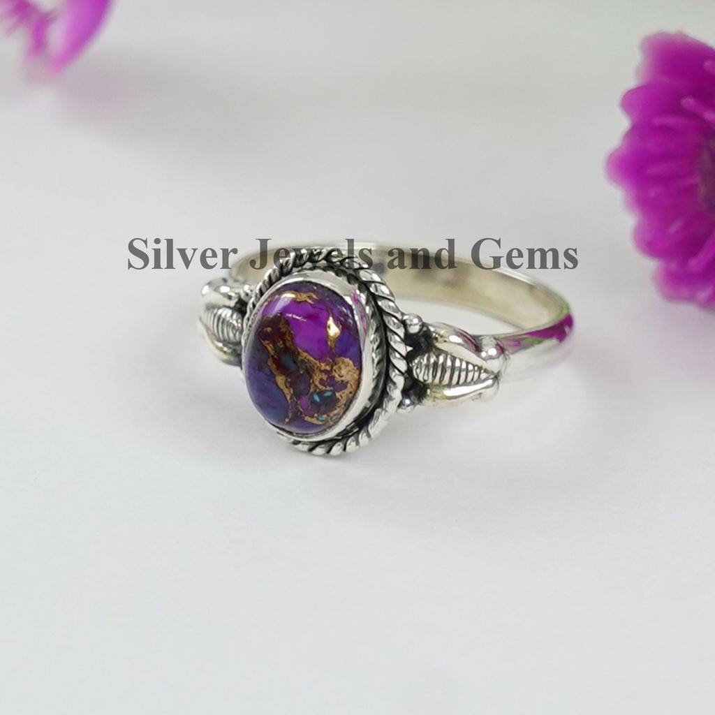 Copper Turquoise Ring, Bee Design Ring, Handmade Ring for Her, Oval Purple Turquoise Ring, 925 Sterling Silver Ring, Gift for Birthday