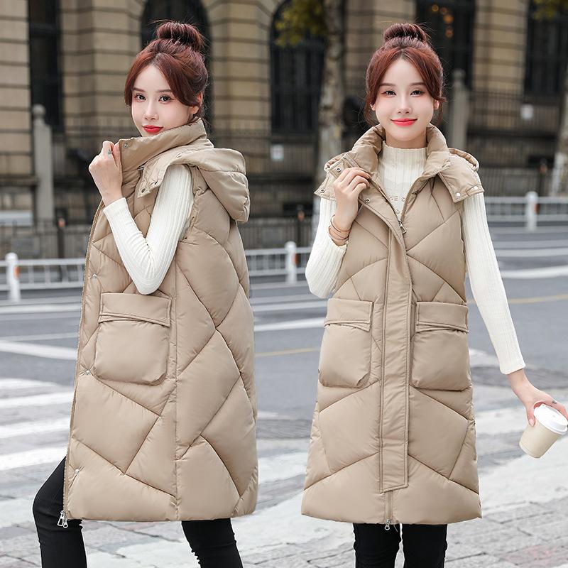 Autumn and winter new medium and long thin large size hooded thickened down cotton jacket vest women's vest vest tide