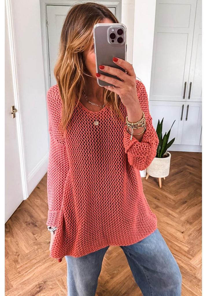 2025 Winter Loose Knit Round Neck Women's Fashion Crochet Drop Shoulder Sweater