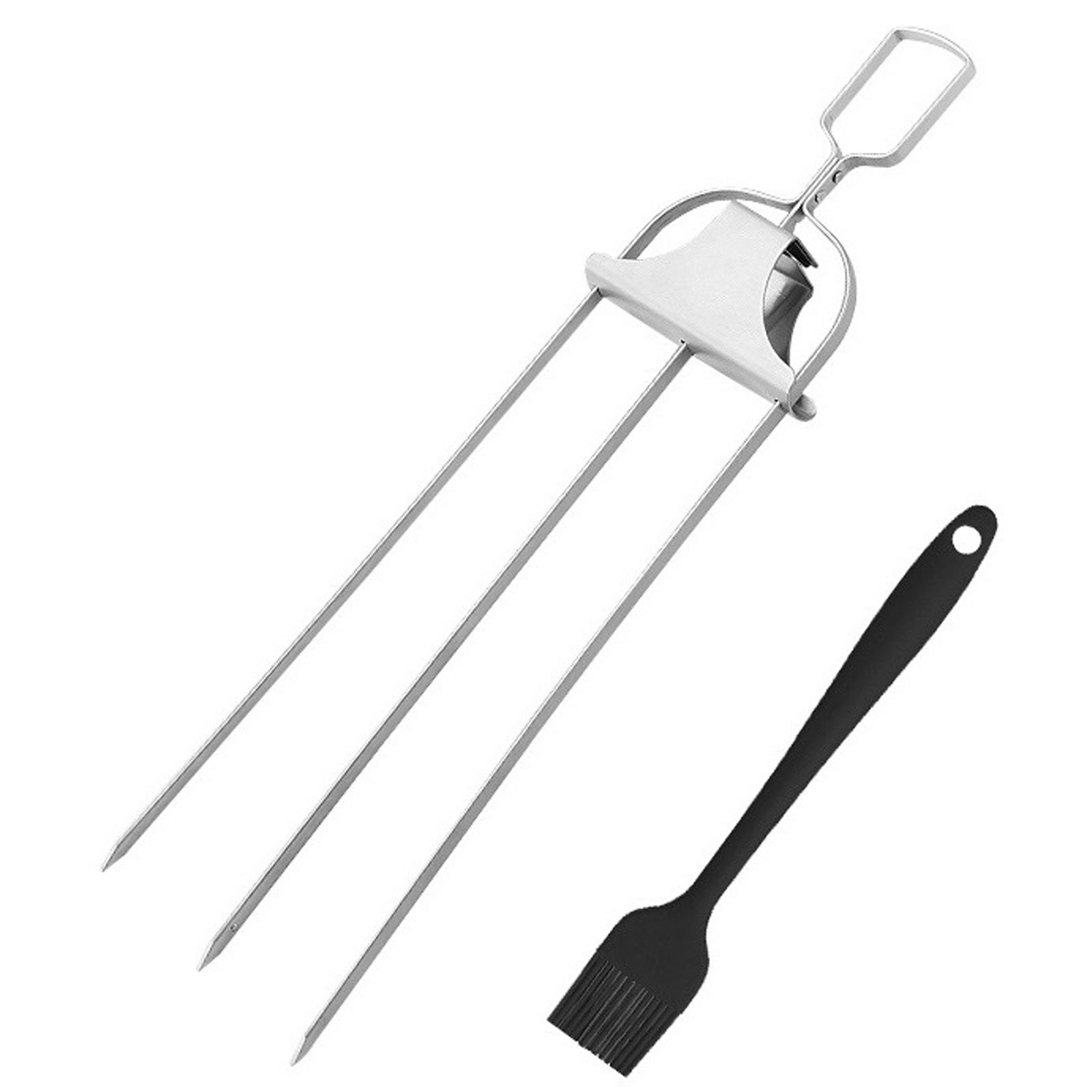 Stainless Steel BBQ Fork Set Three Prong Skewers for Grilling Meat Chicken Wings Vegetable Skewers with Oil Brush for Outdoor Cooking One Size