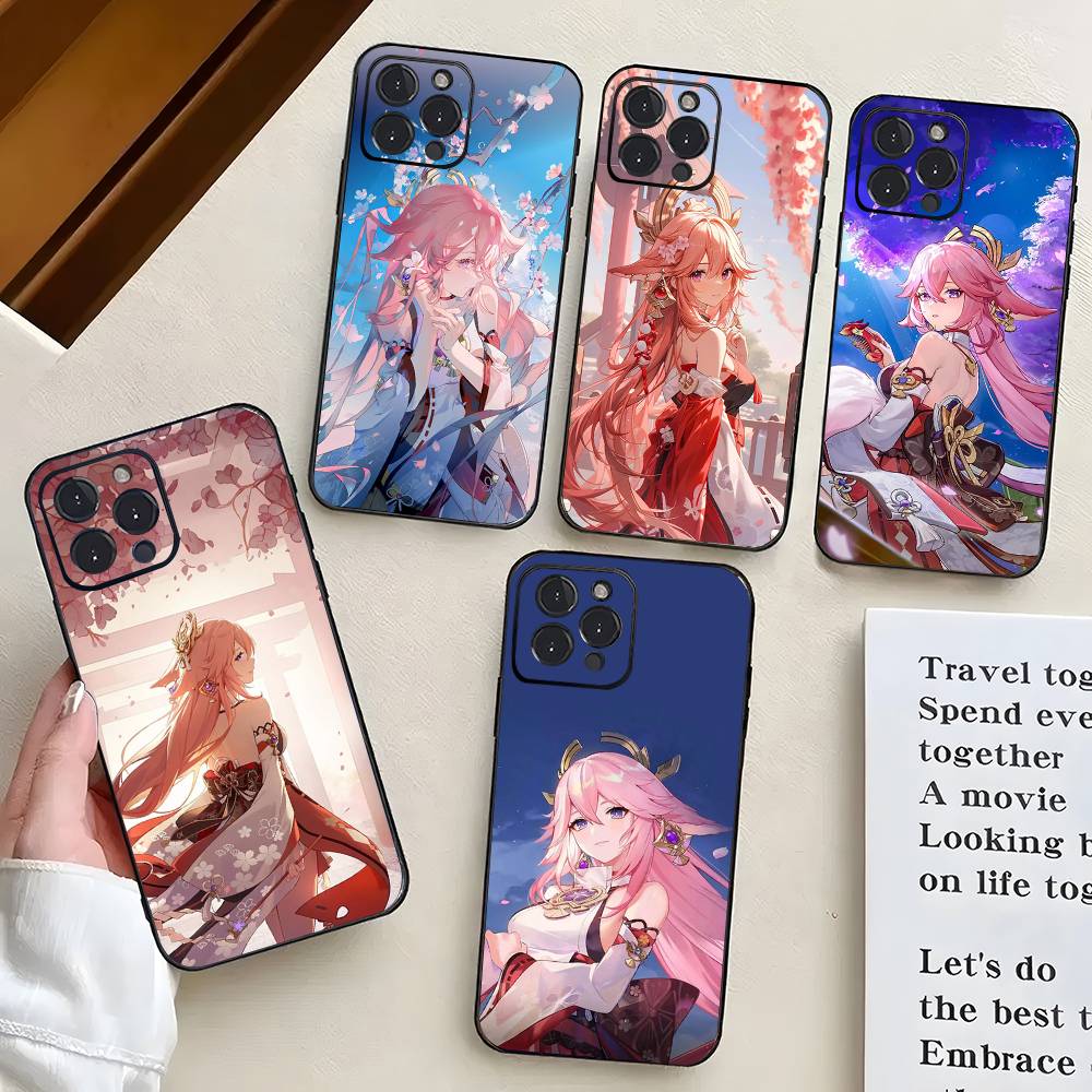Yae Miko Animation Spiel G-Genshin I-Impact Handyhülle Für IPhone 17 Air 16 15 14 13 Pro Max 11 12 Schwarze Silikonhülle