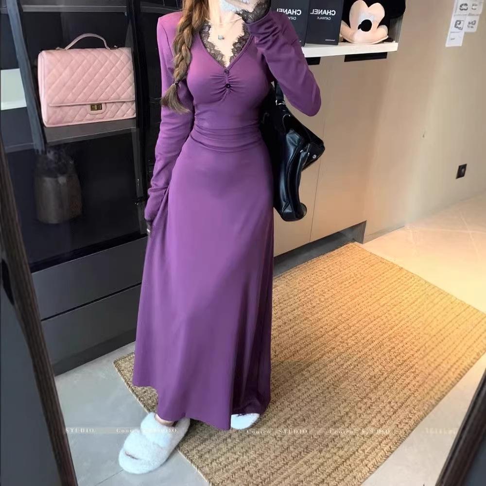 French Elegance: Women s Purple Lace Trim Dress, Autumn/Winter 2026 Collection - Slimming, Flattering Long Design S фиолетовый