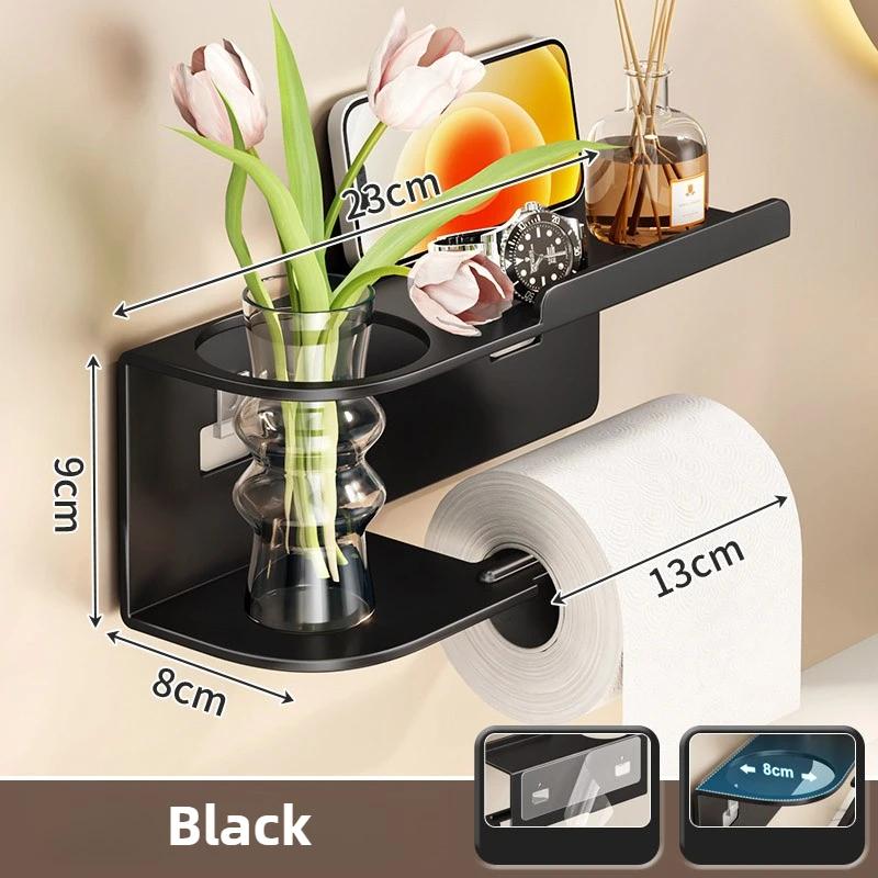 Punch-Free Adhesive Toilet Paper Holder Wall Mount - Space-Saving Bathroom Tissue Roll Rack with Storage Shelf Installation