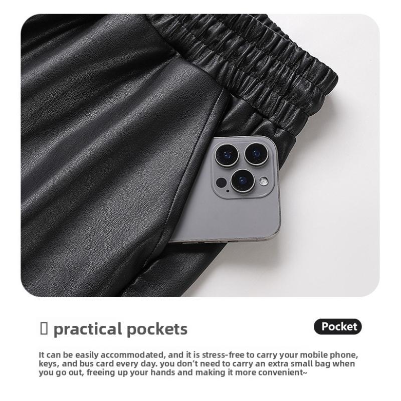 Black Leather Pants for Women, Spring and Autumn New Style, High-End Matte Fleece-Lined PU Leather, High-Waisted, Windproof, Draped Wide-Leg Pants