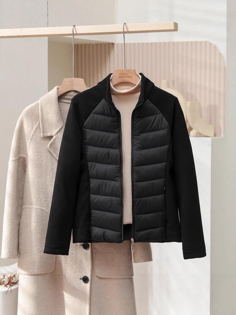 Women's Sporty Spliced Cotton Jacket - Warm Stand-Up Collar, Slim Rib, Lightweight Winter Outdoor Coat for Yoga