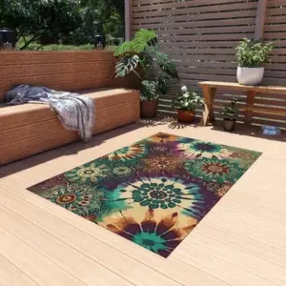 Boho Tie-Dye Buitenvloerkleed Paars Bruin Turquoise Crème Kleurrijk Design Vloermat voor Tuin Patio Slaapkamer Woonkamer Decor 60*90cm