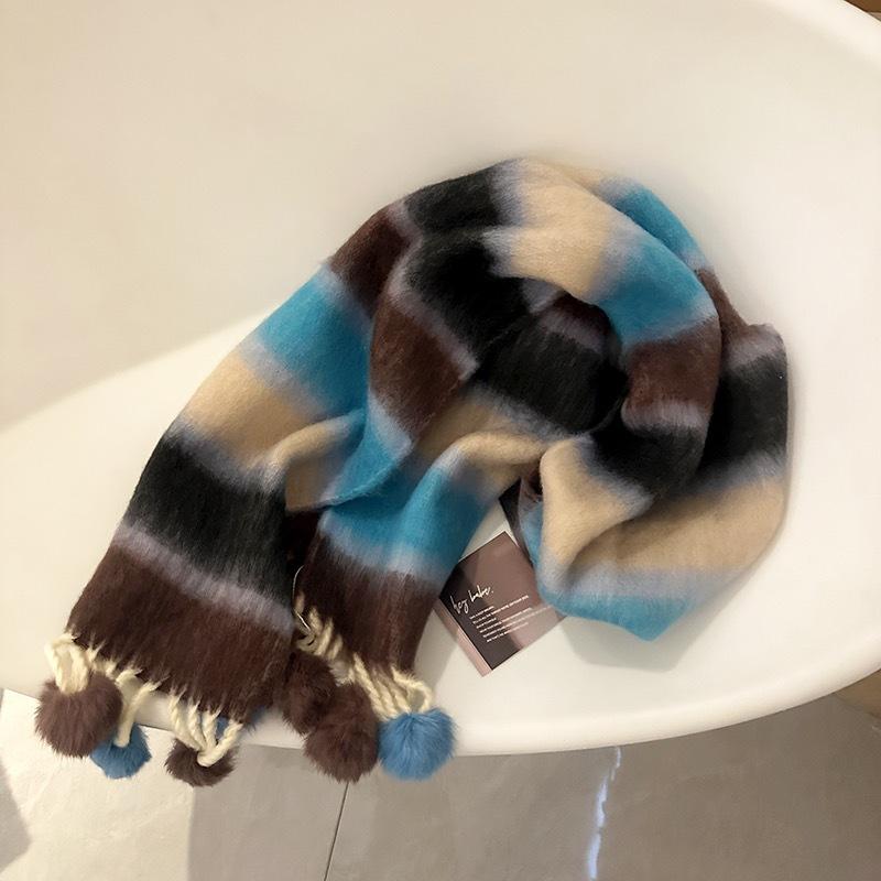Winter new high-end warm thickened scarf women's winter dopamine striped hairball cold-proof shawl