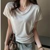 Shoulder-length short-sleeve T-shirt for women, spring-summer design niche V-neck waist-cinching slimming Korean style spicy girl basic black top