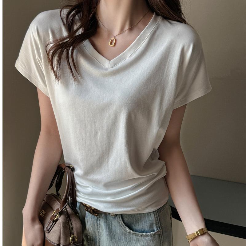 Shoulder-length short-sleeve T-shirt for women, spring-summer design niche V-neck waist-cinching slimming Korean style spicy girl basic black top