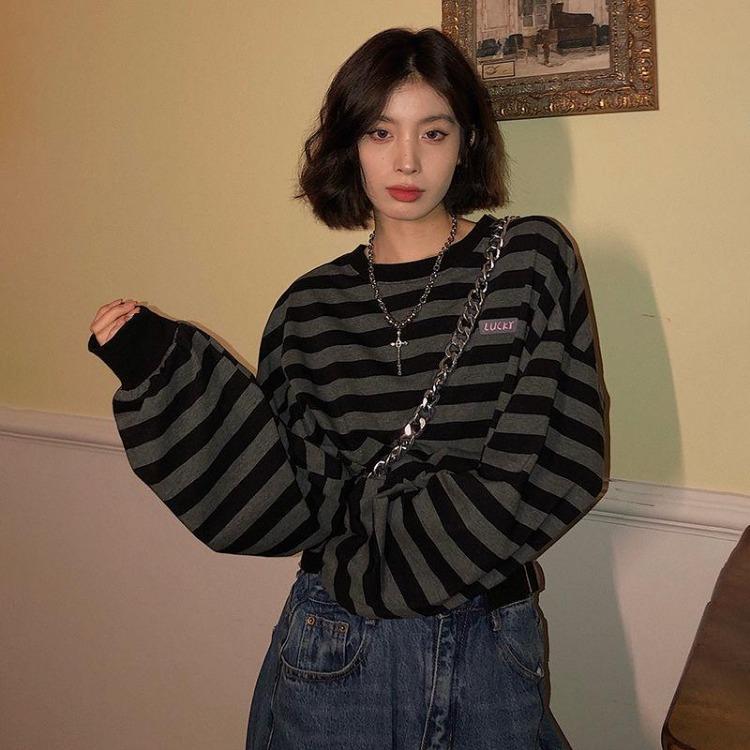 2023 Korean Y2K Fashion Hoodies for Women Teens Casual Loose Preppy Style Striped Drawstring Crop Tops