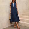Spring/Summer New Color-Contrasting V-Neck Wide-Armhole Frill Sleeveless Beachy Long Dress for Women