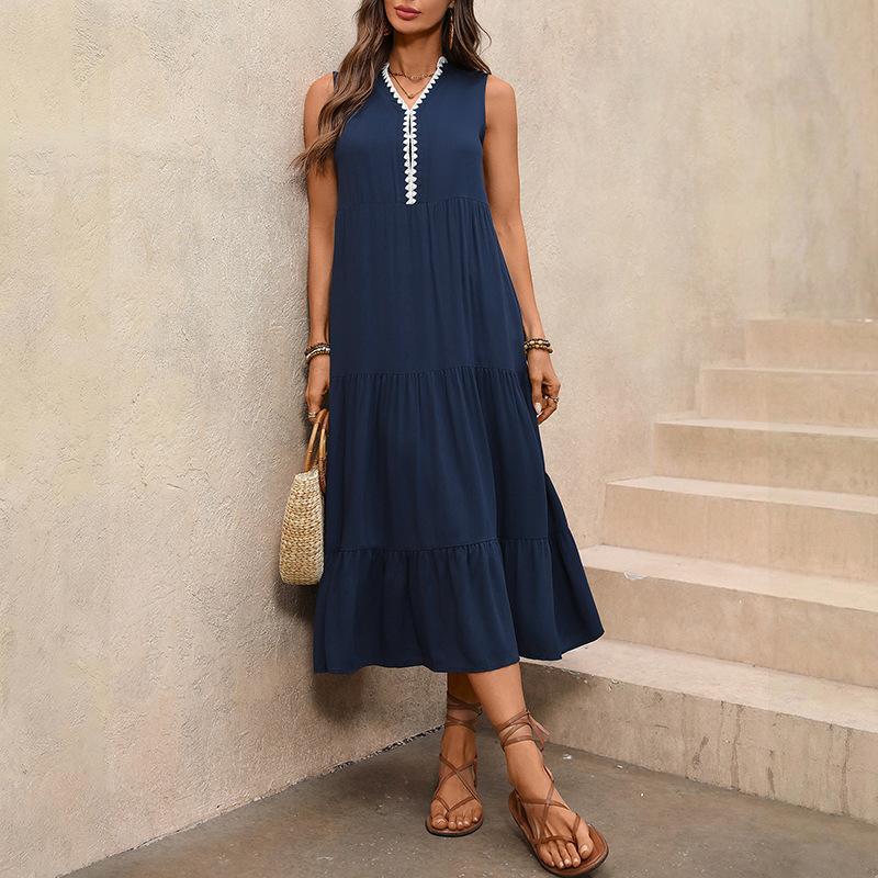 Spring/Summer New Color-Contrasting V-Neck Wide-Armhole Frill Sleeveless Beachy Long Dress for Women