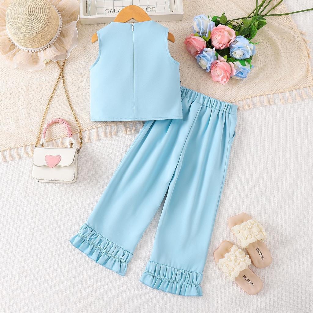 Girls' Fashionable Sequin Outfit - Summer Children's Casual Sleeveless Top with Flared Pants Set of Two Pieces