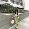 French Floral Temperament Waist Thin Dress Seaside Vacation Square Collar Chiffon Small Fresh Green Long Dress Children