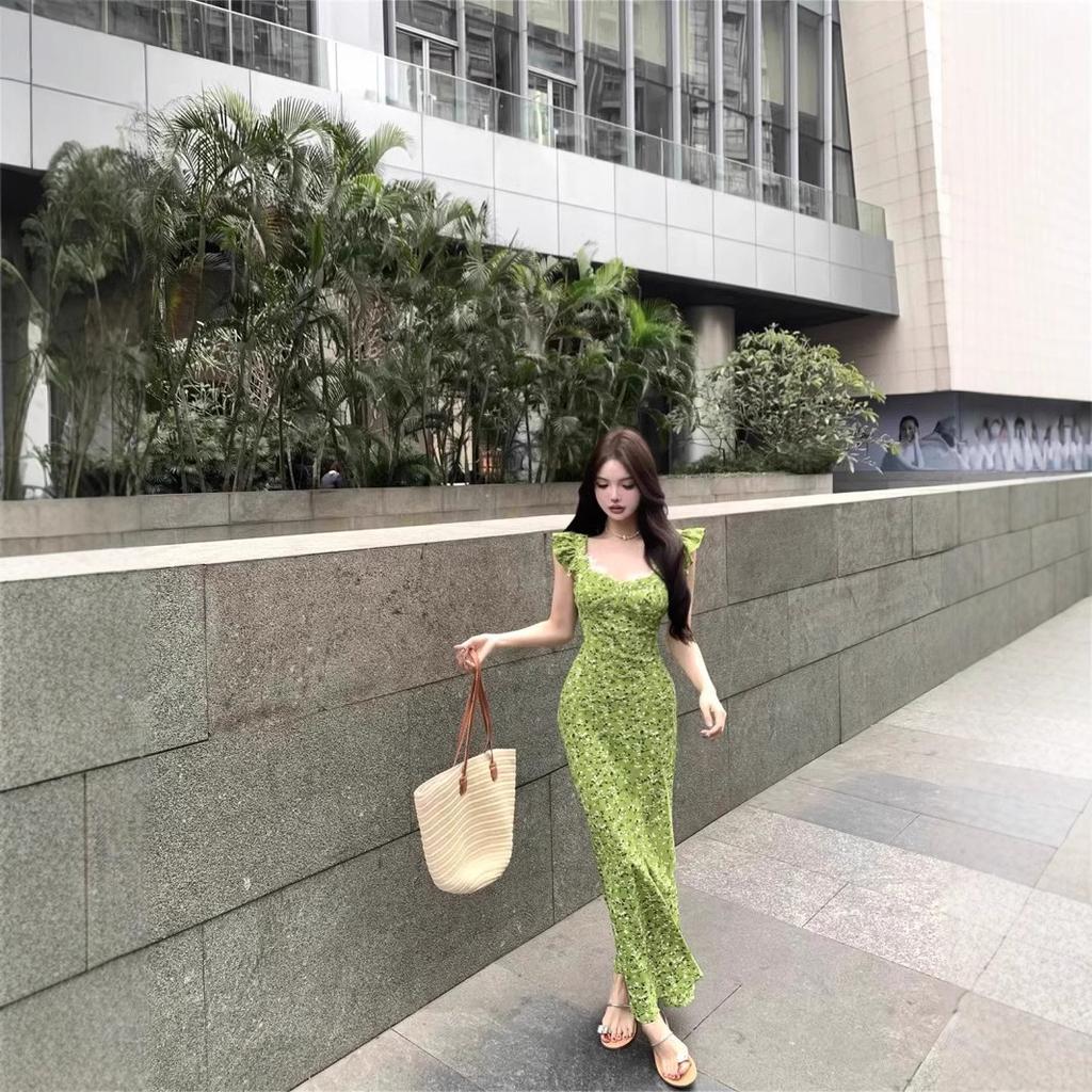 French Floral Temperament Waist Thin Dress Seaside Vacation Square Collar Chiffon Small Fresh Green Long Dress Children