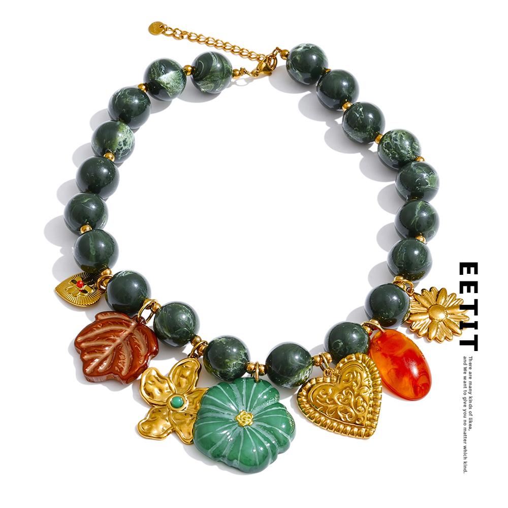 Eetit Stainless Steel Green Acrylic Beads Chain Handmade Jewelry Leaf Flower Heart Drop Charm Necklace 2025 Arrivals Popular
