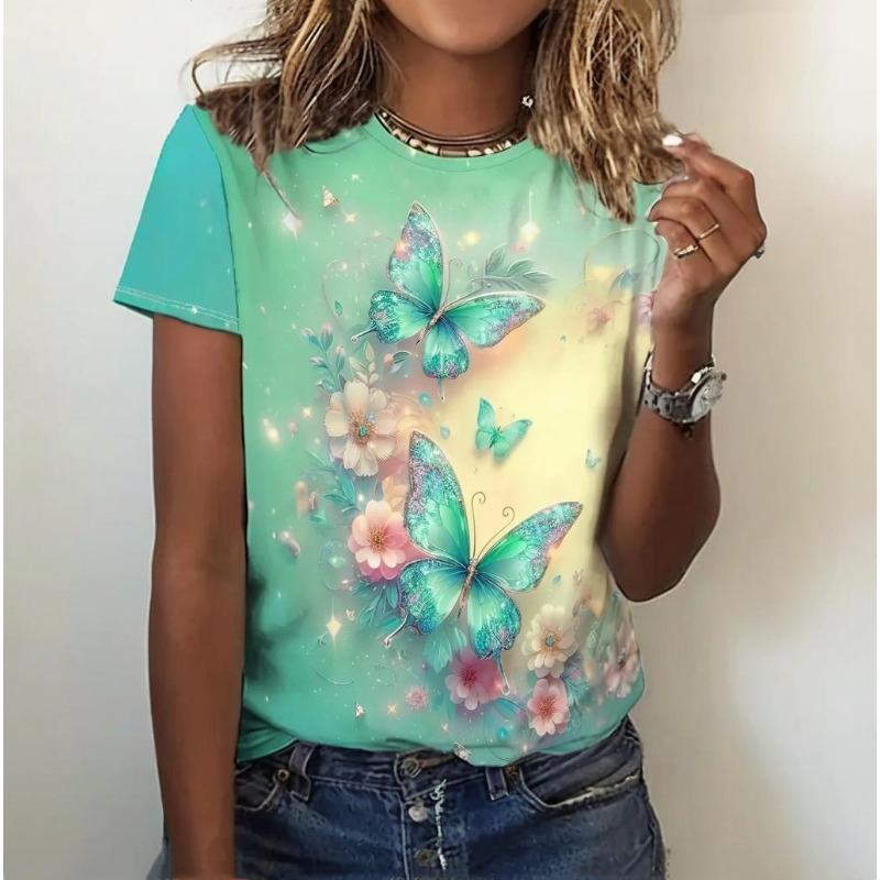 

Футболка женская с цветочным принтом, летняя мода, повседневная, с круглым вырезом, большие размеры, S-3xl, повседневная уличная футболка 2024 года, новинка 7XL