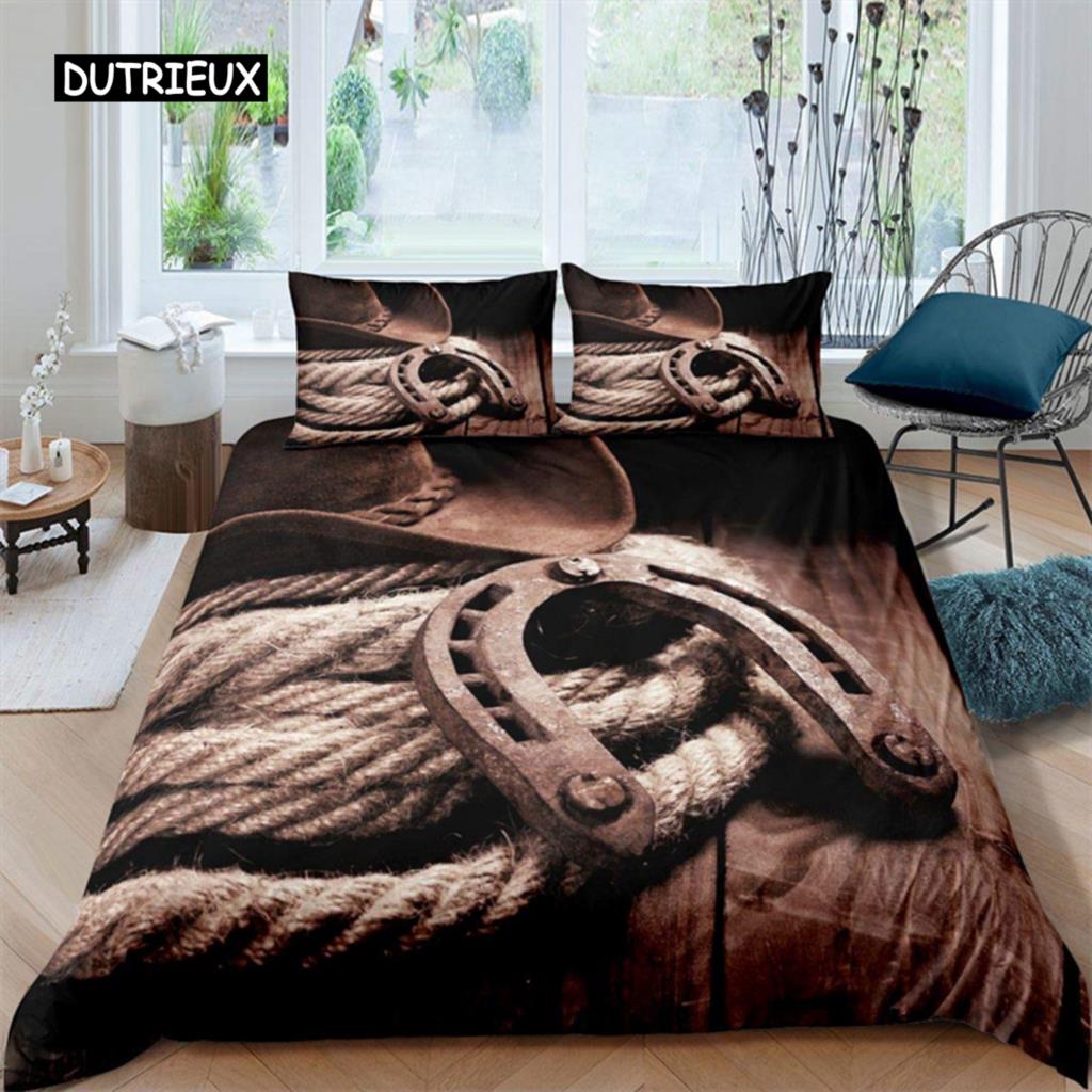 Western Cowboy Duvet Cover Rodeo Cowboy Riding Bull Horse Bedding Set Full For Boys Teen Microfiber Farmhouse Style Quilt Cover