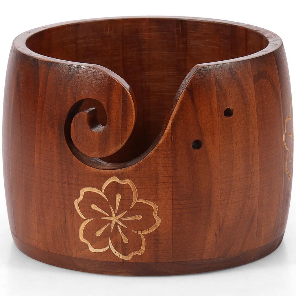 Wood Yarn Bowl Crochet Organizer Box Wool Knitting Storage Basket with Hole Wool Organizer Holder Knitting Crochet Weaving Tool