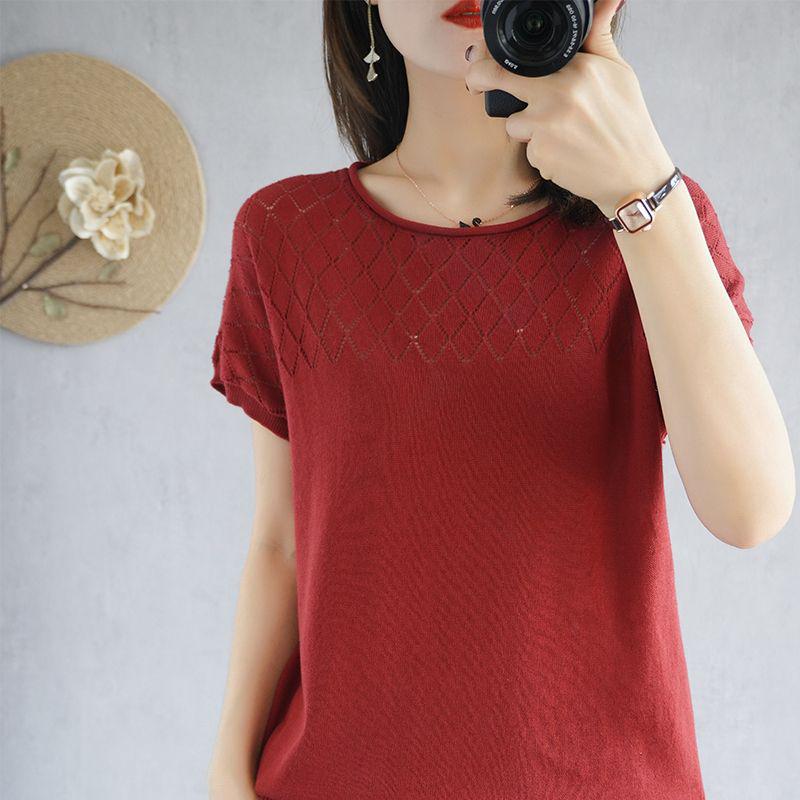 

2025 Spring Fashion: Hollow Round Neck Short Sleeve Loose Knit T-shirt 2XL вина червоного кольору