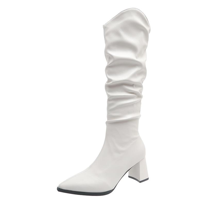 Fashion Boots for Woman Pointed Pleated Thigh High Boots Women Autumn Winter Chunky Heeled Shoes Solid Sexy Stacked Long Knee High Boots