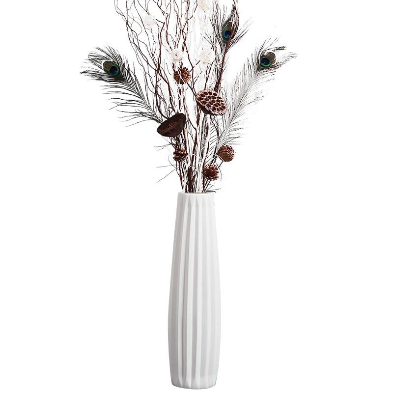 Nordic Minimalist Ceramic White Floor Vase for Dried Flowers and Lucky Bamboo, Living Room Decor