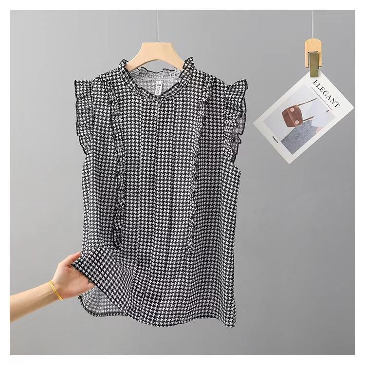 Ladies Summer French Sleeveless Top Thin Elegant Chiffon Printed Top