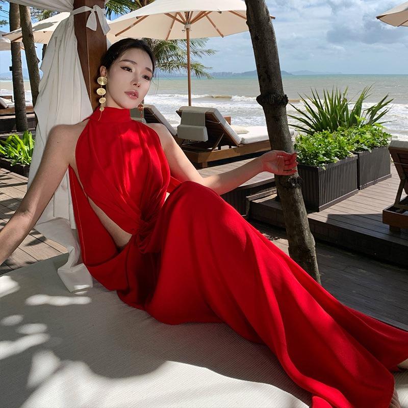 Sexy Side Waist Hollow Kink Neck Skirt Slack Red Birthday Dress Vacation Dress