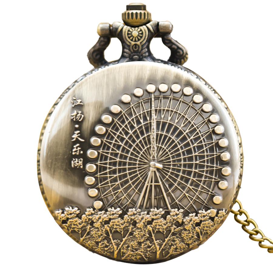 

Vintage Bronze Steampunk Ferris Wheel Carved Quartz Pocket Watch Necklace Pendant Clock Chain Men Women Chain Gift бронзовый