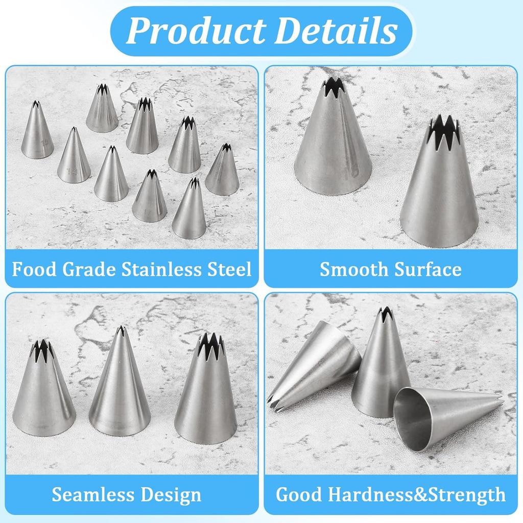 JIEYAO 9 Piece Stainless Steel Star Piping Tips Set, French Open Star Tube Frosting Nozzle Kit Pastry Decorating Tips for Cupcakes Cakes Cookies