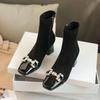 Rhinestone Buckle Booties Women's Fashion Square Toe Paneled Suede Non-Slip Wear-Resistant Heels