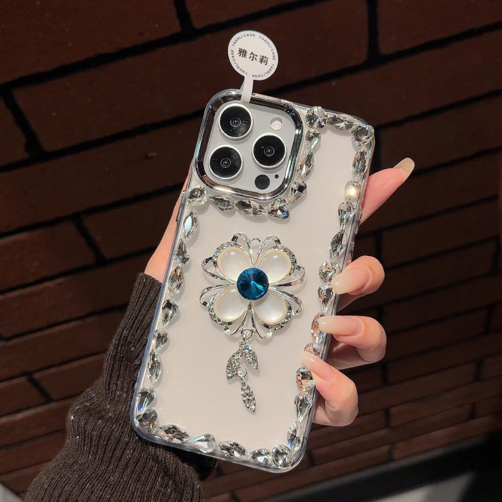 Applicable To OPPO FindX9 Four-leaf Clover Luxury Rhinestone Mobile Phone Case Three-dimensional Advanced Sense RENO14 Transparent Plating