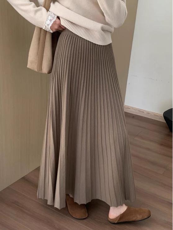 2025 Winter Women's High-Waisted Pleated Knitted Midi Skirt - Korean Style, Casual, Thickened, Slimming Design