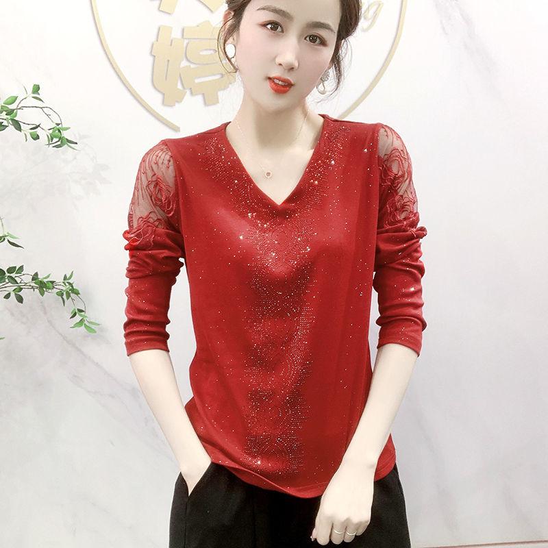 HI-FASHION Gâtul în V Tifon îmbinat cu diamante Topuri de culoare solidă Navetă ocazional Tricou subțire cu mânecă lungă Pulover Îmbrăcăminte pentru femei