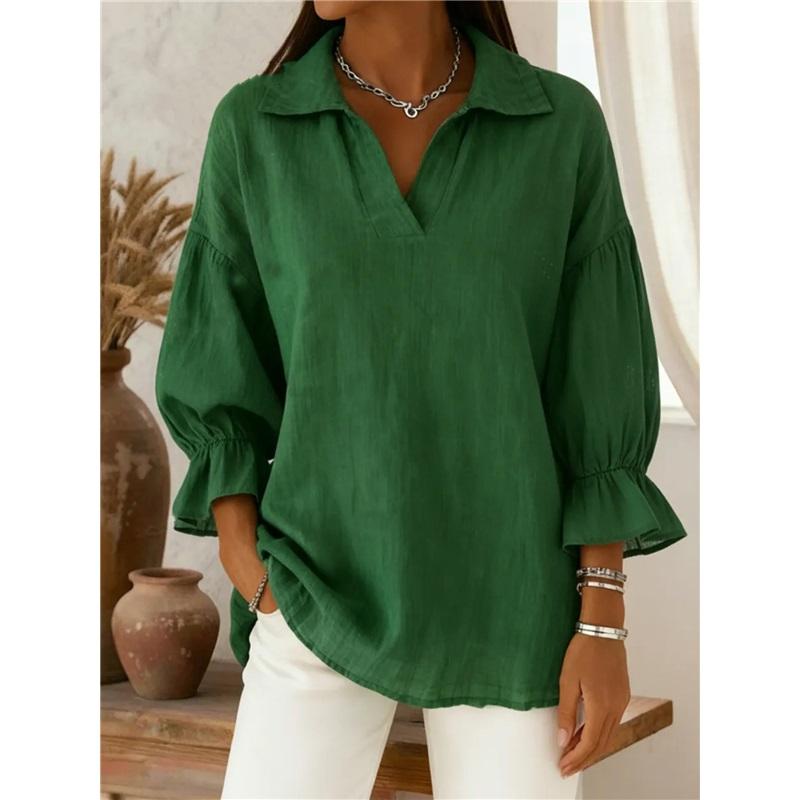 Women s Solid Color Lapel V Neck Blouse 3/4 Puff Ruffle Sleeve Loose Casual Shirt Tops L зелёный